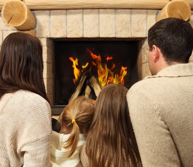 A family enjoys time together, admiring the warm glow of a fire in the fireplace