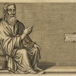 Illustration of a bearded philosopher seated in a chair, pointing forward, with Latin text Prudentia et Sapientia nearby