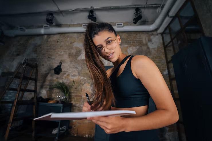 Young woman in gym attire writing on clipboard, vintage industrial background