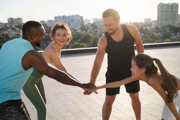 Diverse group of friends in activewear joining hands outdoors, symbolising teamwork and unity with cityscape in background